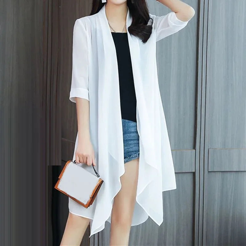 Summer Sun Protection Clothing Women Chiffon Cardigan Half Sleeve Blouse Shirts Ladies Shawl Female Tops Women Loose Thin Coats