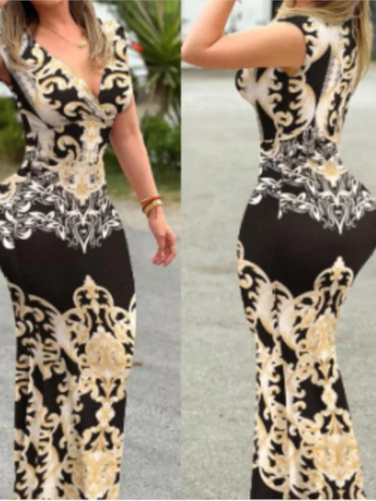 Summer Women Sexy Dress New Fashion Print Sleeveless Elegant Long Dresses Female V-Neck Casual Bodycon Clothing Vestidos
